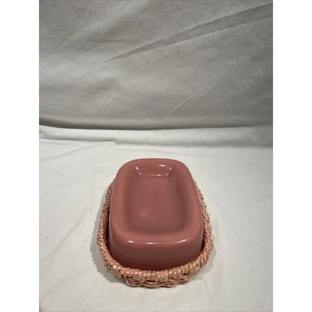 Vintage Pink Wicker Ceramic Bathroom Set Soap  Toothbrush Tissue And Basket‎ 4